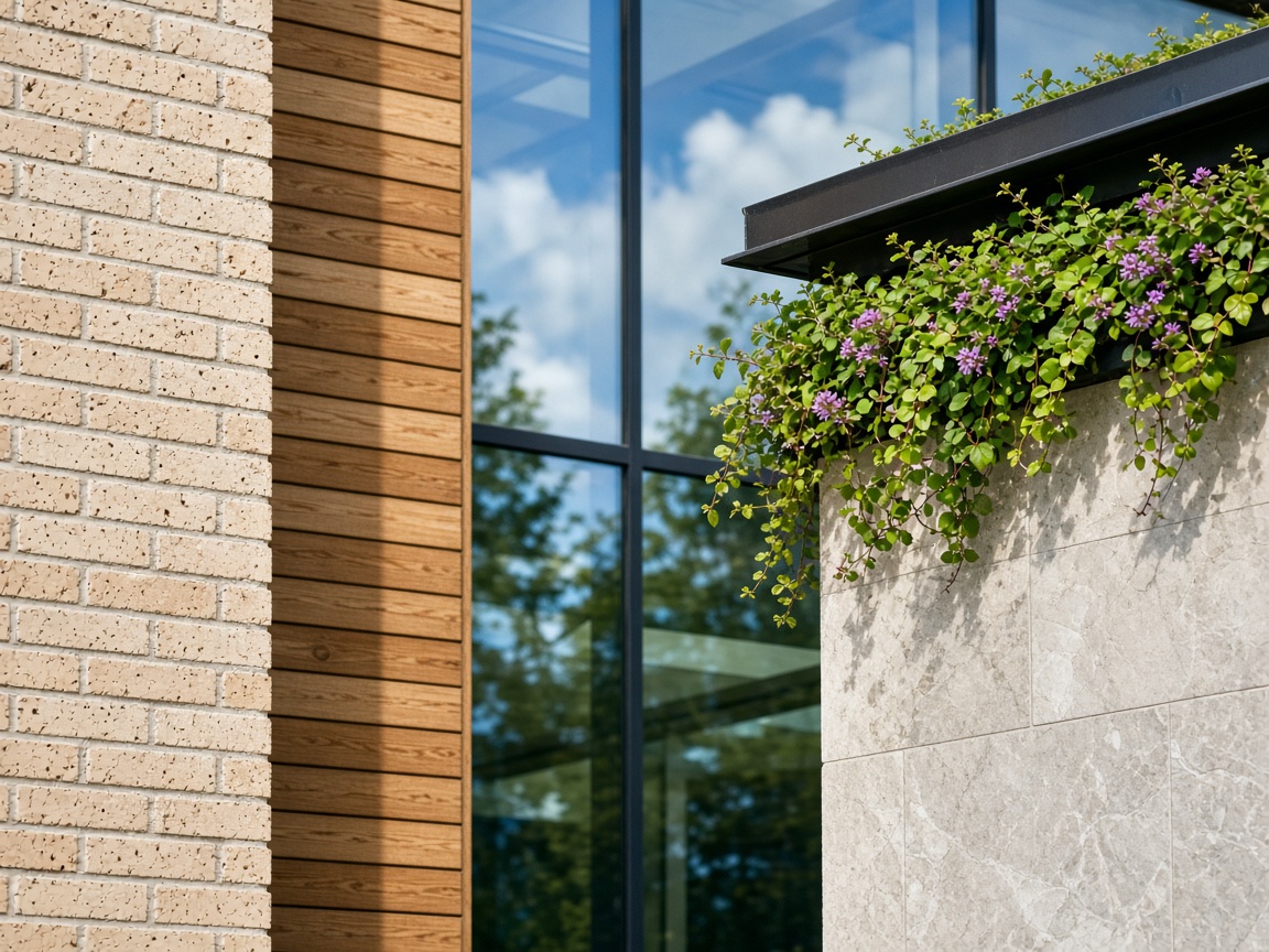 Close view of brick, timber, glass, stone, and a planted roof edge in daylight.