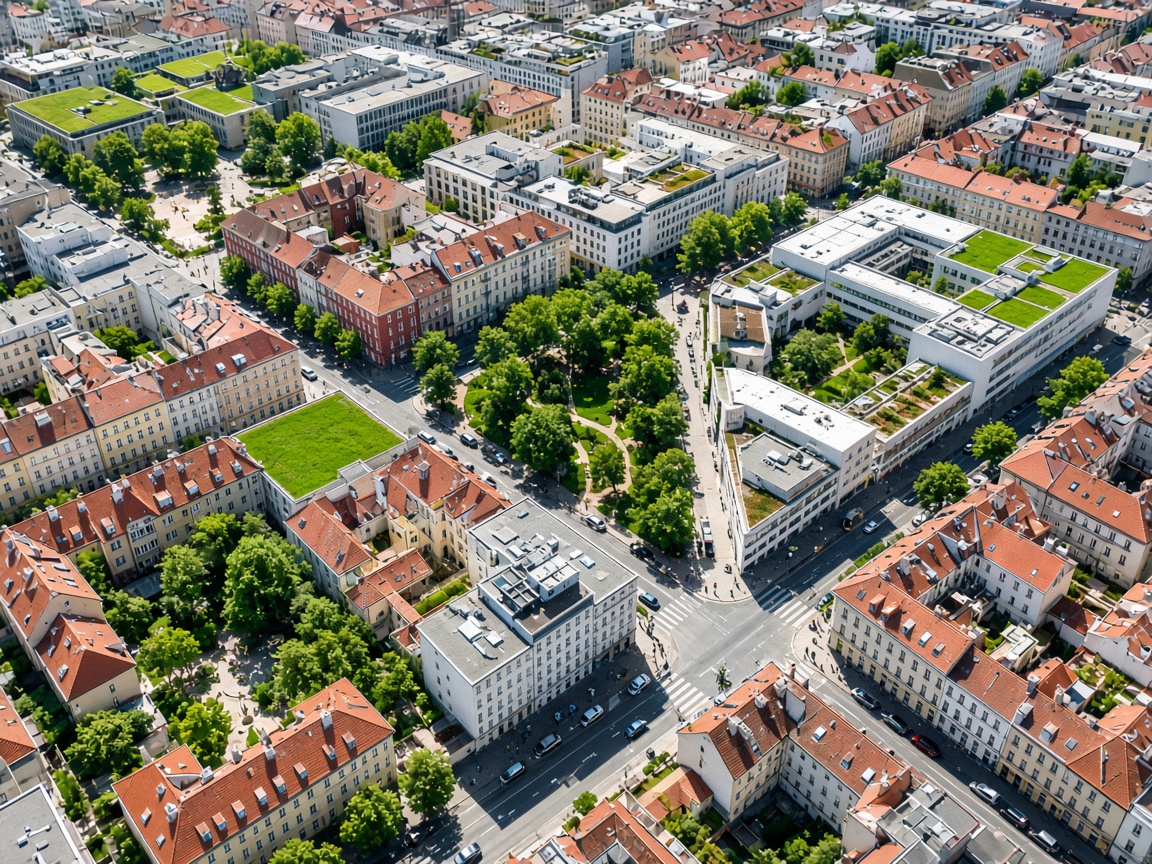 Overhead view of city blocks, streets, courtyards, and small parks in daylight.