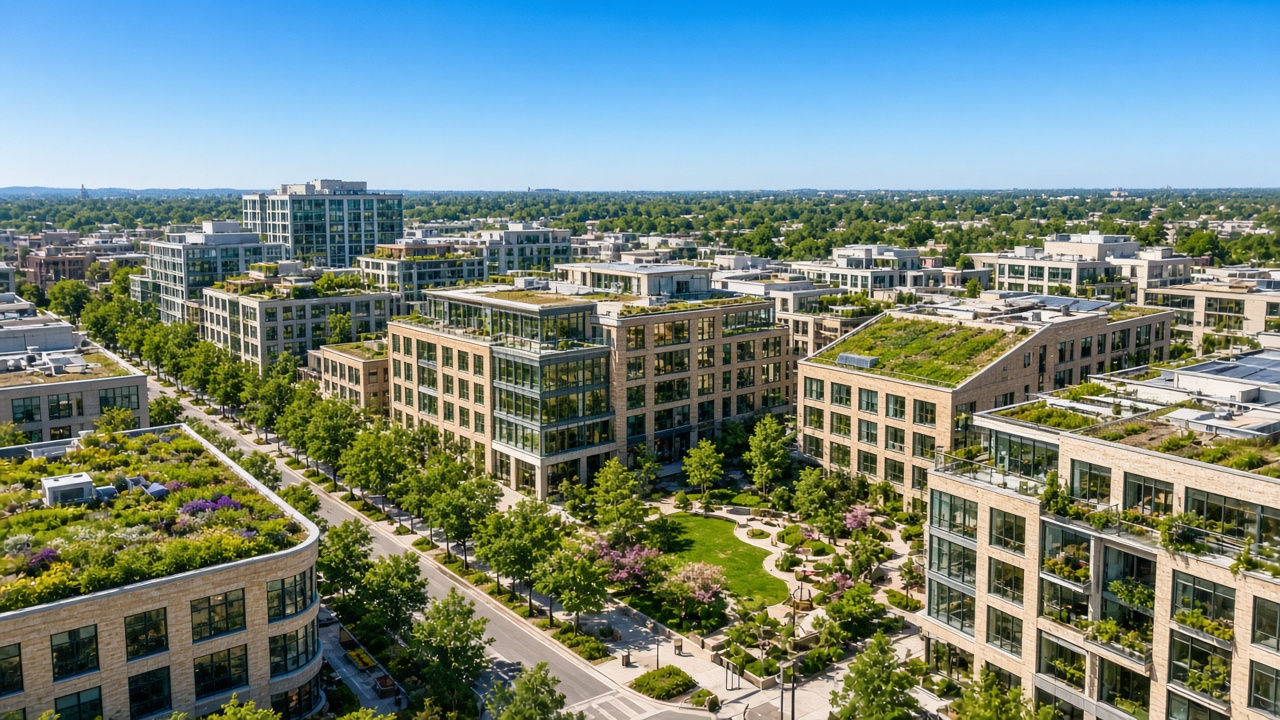 Daylight view of a mixed neighborhood with tree-lined streets, low and mid-rise buildings, and a small park.