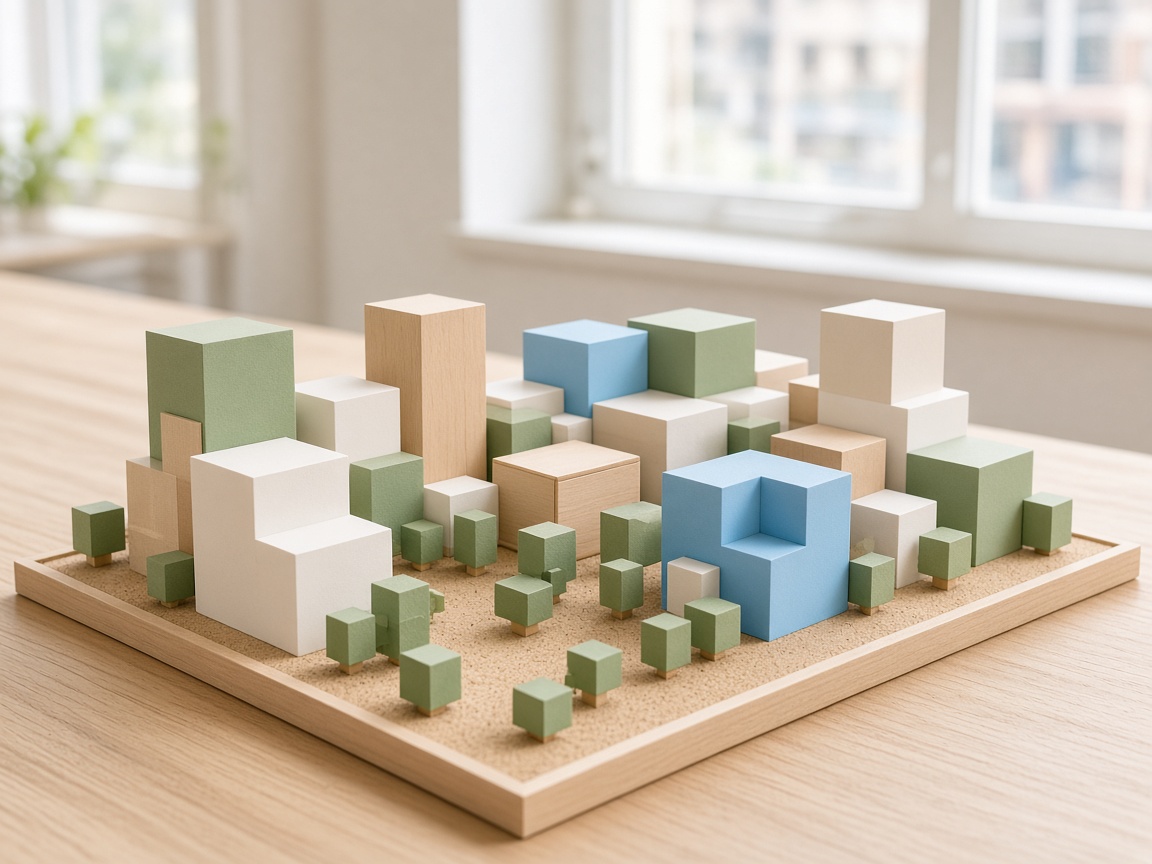 A colorful architectural massing model of a city block, with blocks in sand, sage, and blue on a light table.