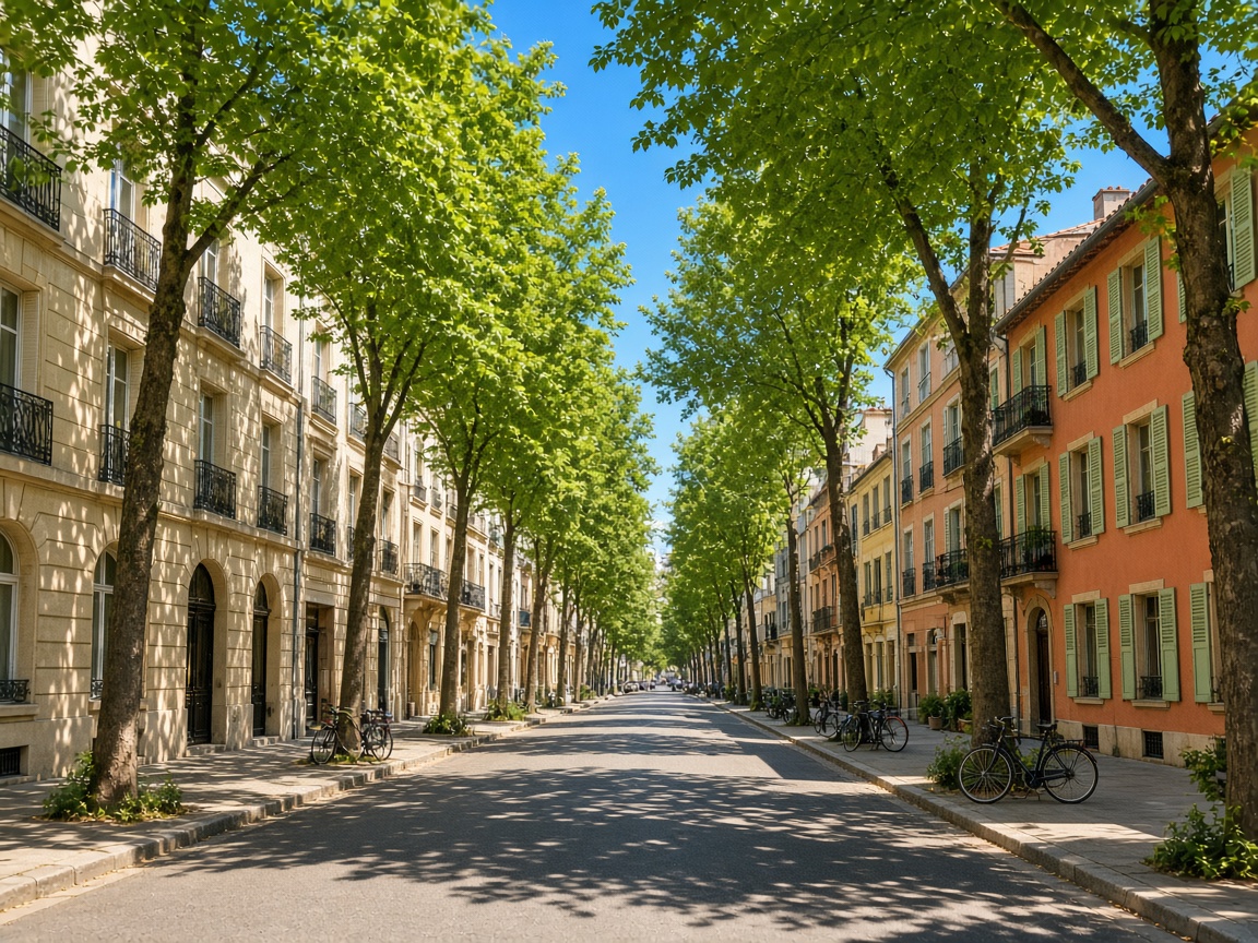 A sunny city street shaded by trees, with buildings in stone, terracotta, and pale green.
