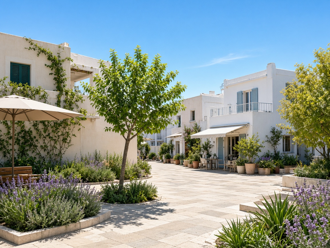 A sunny urban courtyard with a tree, pale paving, and buildings catching both sun and shade.